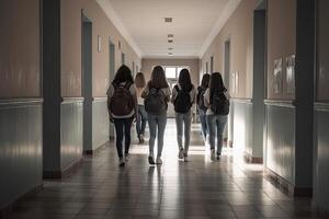 tillbaka se av grupp av ung kvinna studenter gående i korridor av skola, Tonårs skola barn stående i främre av skåp, ai genererad foto