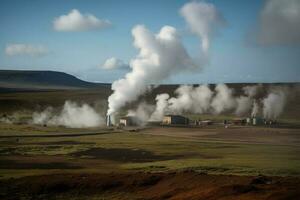 isländsk landskap med rökning skorstenar och geotermisk kraft station, de geotermisk energi framställning industri producerar, ai genererad foto