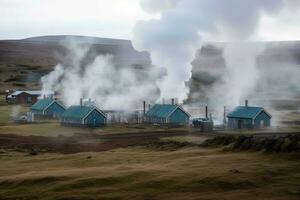 isländsk landskap med gammal trä- hus och rökning skorstenar. de geotermisk energi framställning industri producerar, ai genererad foto