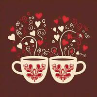 två koppar av kaffe med hjärtan på röd bakgrund. kaffe valentines dag ClipArt, ai genererad foto