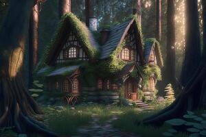 fantasi gammal grön hus i de skog. ai genererad foto