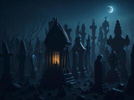 halloween bakgrund med läskigt kyrkogård med dimma på natt. ai genererad foto