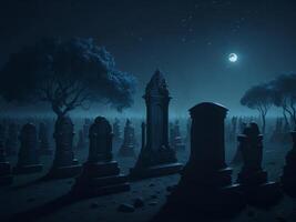 halloween bakgrund med läskigt kyrkogård med dimma på natt. ai genererad foto
