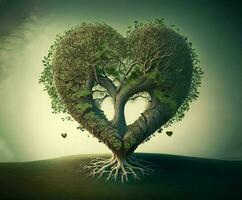 hjärta formad grön träd, ai genererad foto
