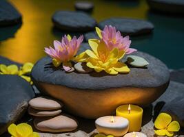spa behandling aromaterapi med ljus, stenar och blommor för koppla av wellness foto