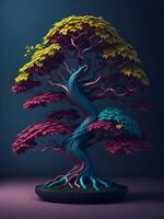 skön bonsai träd i trä- pott på Färg bakgrund, skapas med generativ ai teknologi. foto