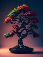 skön bonsai träd i trä- pott på Färg bakgrund, skapas med generativ ai teknologi. foto