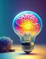 idéer begrepp, hjärna inuti de ljus Glödlampa på färgrik bakgrund foto