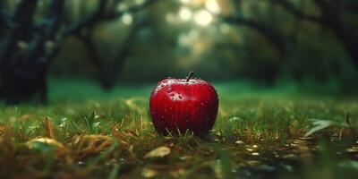 färsk röd äpple på grön gräs. generativ ai foto