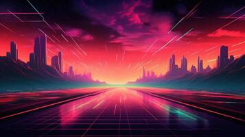 generativ ai, 80s retro trogen sci-fi., nostalgisk 90-tal. natt och solnedgång neon färger, cyberpunk årgång illustration. Sol, bergen och handflatorna. retrowave vj TV-spel landskap. foto