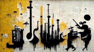 generativ ai, abstrakt gata konst med nycklar och musikalisk instrument silhuetter. bläck färgrik graffiti konst på en texturerad papper årgång bakgrund, inspirerad förbi banksy. foto