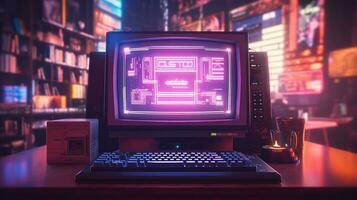 generativ ai, dator på de tabell i cyberpunk stil, nostalgisk 80-tal, 90-tal. neon natt lampor vibrerande färger, fotorealistisk horisontell illustration av de trogen interiör. teknologi begrepp. foto