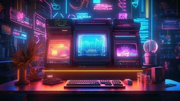 generativ ai, dator på de tabell i cyberpunk stil, nostalgisk 80-tal, 90-tal. neon natt lampor vibrerande färger, fotorealistisk horisontell illustration av de trogen interiör. teknologi begrepp. foto