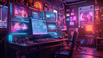 generativ ai, dator på de tabell i cyberpunk stil, nostalgisk 80-tal, 90-tal. neon natt lampor vibrerande färger, fotorealistisk horisontell illustration av de trogen interiör. teknologi begrepp. foto