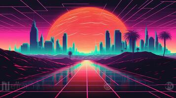 generativ ai, 80s retro trogen sci-fi., nostalgisk 90-tal. natt och solnedgång neon färger, cyberpunk årgång illustration. Sol, bergen och handflatorna. retrowave vj TV-spel landskap. foto