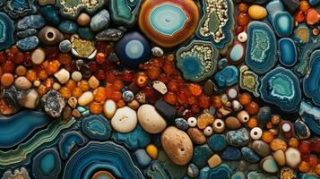 generativ ai, naturlig vulkanisk agat stenar närbild turkos, brun och orange textur. tapet bakgrund, kvarts marmor, dekorativ sten mönster foto