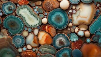 generativ ai, naturlig vulkanisk agat stenar närbild turkos, brun och orange textur. tapet bakgrund, kvarts marmor, dekorativ sten mönster foto