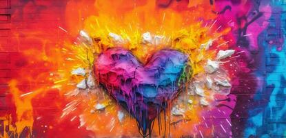 generativ ai, färgrik hjärta som graffiti kärlek symbol på de vägg, gata konst. smält måla. foto