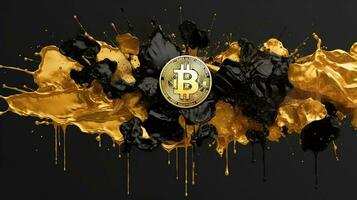 generativ ai, bitcoin med gyllene gul och svart flytande, digital kryptovaluta mynt. brytning eller blockchain teknologi foto