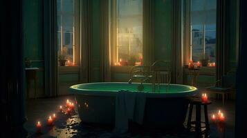 generativ ai, interiör av modern badrum med brinnande ljus i kväll. romantisk atmosfär, spa och koppla av begrepp foto