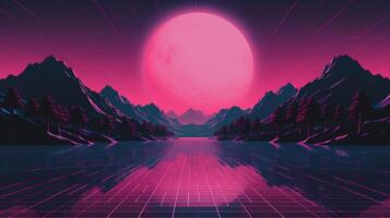 generativ ai, 80s retro trogen sci-fi., nostalgisk 90-tal. natt och solnedgång neon färger, cyberpunk årgång illustration. Sol, bergen och handflatorna. retrowave vj TV-spel landskap. foto