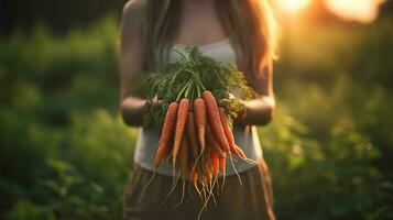 generativ ai, grönsaker i de händer av en kvinna jordbrukare i de trädgård, morötter från de jord, en Bra skörda av eco Produkter. foto