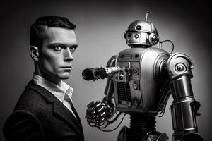 person och robot porträtt, man och android, illustration av teknologi och framtida, generativ ai foto