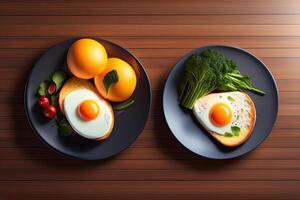 två friterad ägg på tallrik generativ ai foto