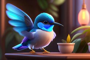 söt förtjusande liten blå kolibri vinka vingar och flyga generativ ai foto