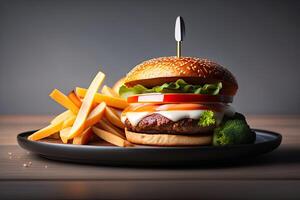 klassisk burger med pommes frites. generativ ai foto