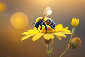 flygande honung bi och blomma på suddigt bakgrund generativ ai foto