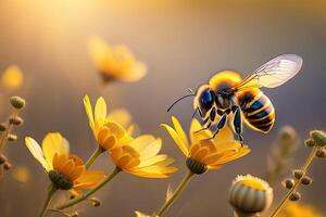 flygande honung bi och blomma på suddigt bakgrund generativ ai foto