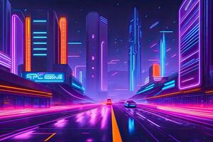 neon framtida lila stad generativ ai. trogen cyberpunk violett design foto