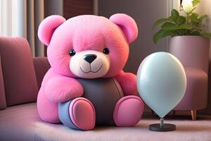 rosa teddy Björn med ballong generativ ai foto