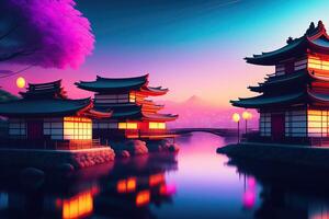 synthwave japansk design byggnad bakgrund foto