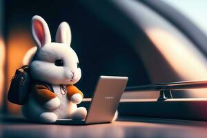 söt vit fluffig kanin arbetssätt på bärbar dator foto