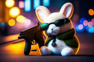 plysch leksak kanin med pistol foto