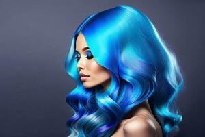 skönhet mode industri kvinna porträtt med blå hår foto