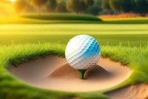 golf klubb med boll i gräs foto