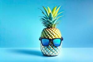 ananas med solglasögon på blå bakgrund generativ ai foto
