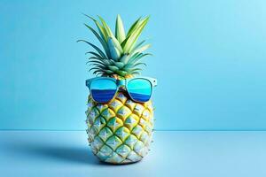 ananas med solglasögon på blå bakgrund generativ ai foto