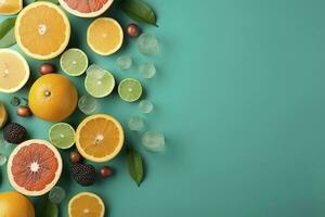 citrus- paradis begrepp. topp se av saftig apelsiner, citroner, lime och grapefrukt på turkos bakgrund med tömma Plats för PR text, generera ai foto