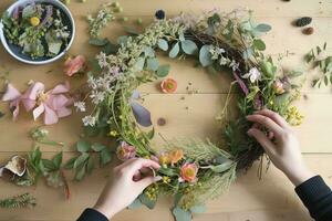 skapa en blommig vattenfärg krans, använder sig av en blanda av vildblommor, löv, och bär till skapa en nyckfull och organisk sammansättning, generera ai foto