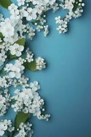 skön vår gräns, blomning reste sig buske på en blå bakgrund. blommande reste sig höfter mot de blå himmel. mjuk selektiv fokus , generera ai foto