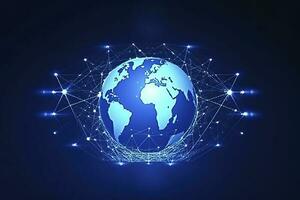global nätverk på jord begrepp. 3d tolkning, värld Karta punkt. stor data analys och företag begrepp, värld Karta punkt och linje sammansättning begrepp av global företag, generera ai foto