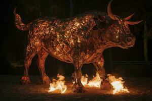 brand skulptur av en tjur , generera ai foto