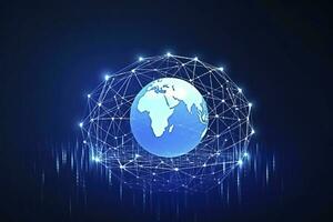 global nätverk på jord begrepp. 3d tolkning, värld Karta punkt. stor data analys och företag begrepp, värld Karta punkt och linje sammansättning begrepp av global företag, generera ai foto