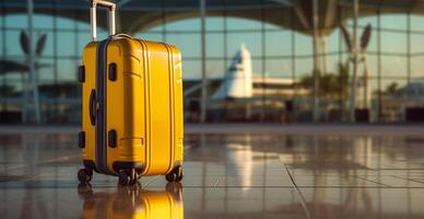 gul resväska, bagage på de flygplats - ai genererad bild foto