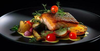 kokta fisk med färsk grönsaker - ai genererad bild foto