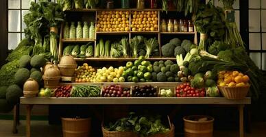 vegetabiliska jordbrukare marknadsföra bås, färgrik olika färsk organisk friska grönsaker - ai genererad bild foto